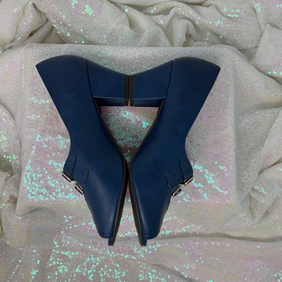 BAIT Footwear Blue Peep Toe Double Buckle Heels Size 10 - Picture 8 of 13